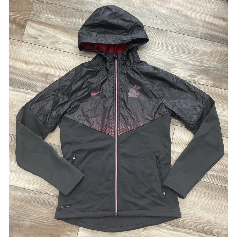 Nike Dri Fit Windbreaker Hoodie WSU Cougars Charcoal/Crimson Sz M-See Measurment